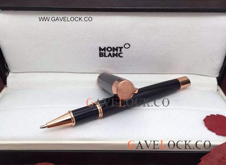 Best Replica Mont Blanc Pens Black Precious Rose Gold Clip Rollerball Pen